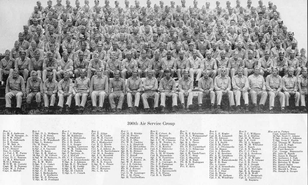 A group photo of the 390th Air Service Group. Peterson is pictured in the 5th row, 10th from the left.
